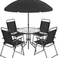 6 Piece Patio Dining Set with Umbrella, Outdoor Furniture Set with 4 Folding Chairs and Tempered Glass Top Dining Table Fot Lawn Backyard Garden Porch Black
