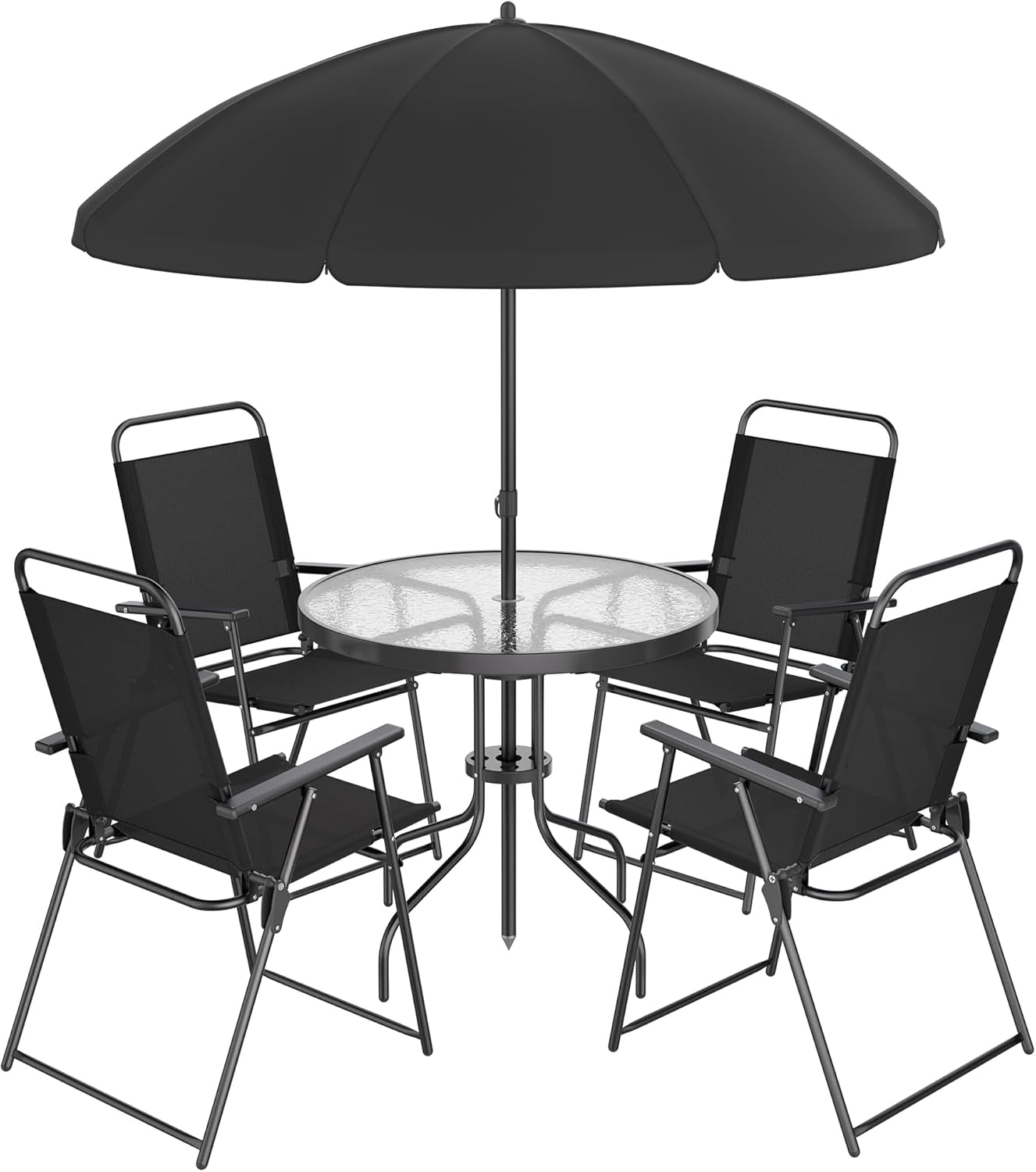 6 Piece Patio Dining Set with Umbrella, Outdoor Furniture Set with 4 Folding Chairs and Tempered Glass Top Dining Table Fot Lawn Backyard Garden Porch Black