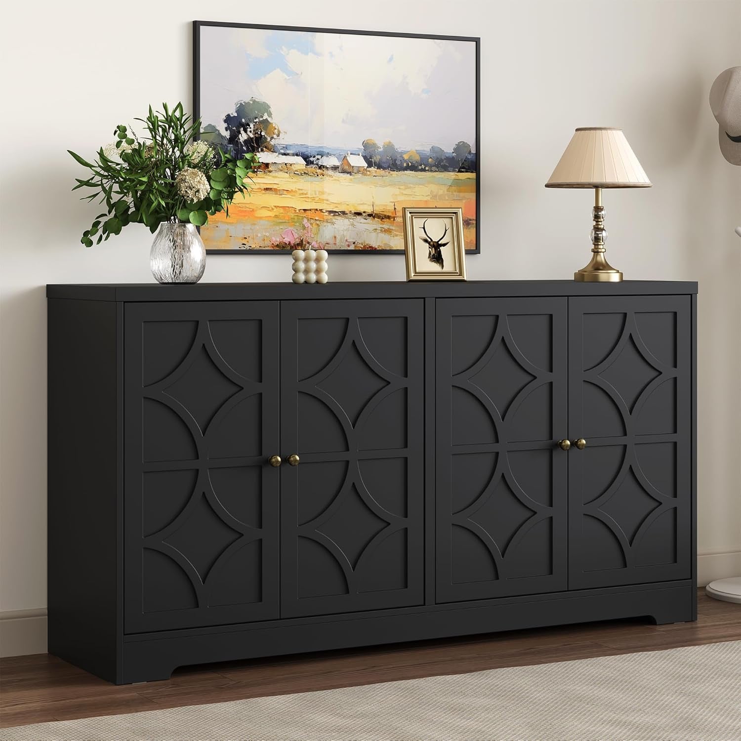 Sideboard Buffet Cabinet, 56" Modern Credenza with 4 Doors and Adjustable Shelves, Wood Accent Cabinet Console Media for Entryway, Living Room, Kitchen, Satin Black