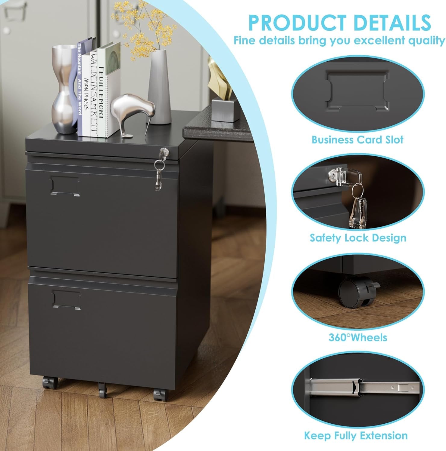 2 Drawer File Cabinet with Wheels, Lockable Metal Filing Cabinet with Business Card Slot for Legal/Letter Size Home Office, Required Assembled,Black