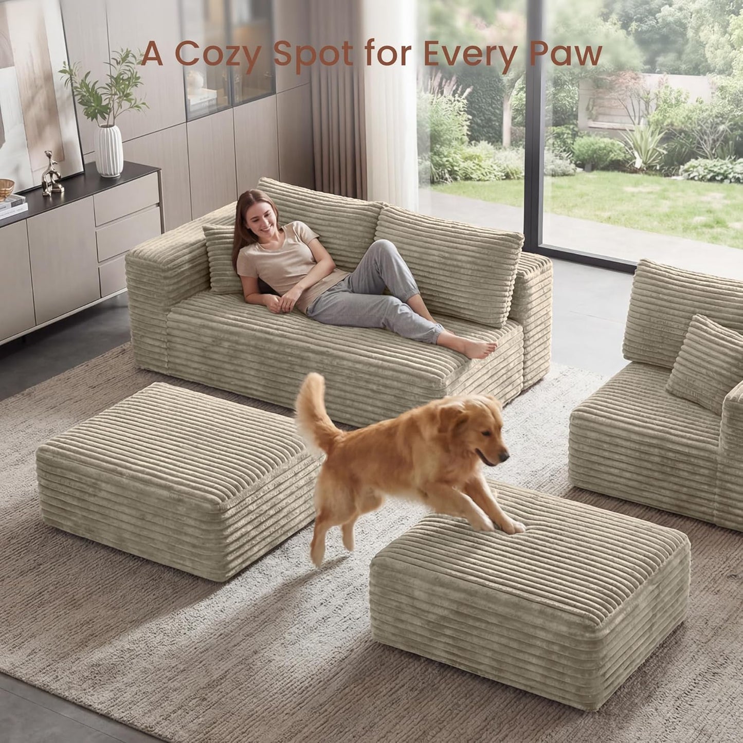 Modular Sectional Sofa | 108" Cloud Couch with Cozy Textured Corduroy,U-Shaped Boneless Couch Pit Sofa,High-Density Foam Convertible Floor Couch for Home,1400Lbs Support | Oat Beige | 2 Manageable Boxes