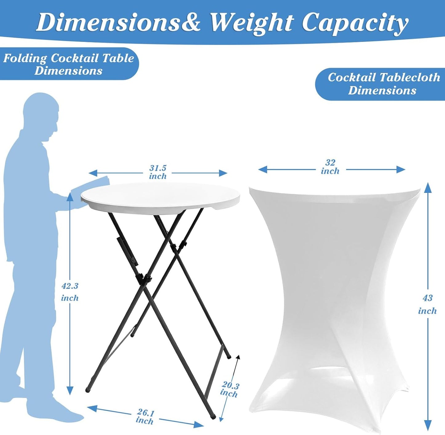 2Sets 32In Hightop Folding Cocktail Tables+Covers, White-Spandex Stretch Folding Bar Table Covers, Removable Legs Bar Height Folding Table Outdoor Indoor Use (2+2White/2Covers+2Tables)