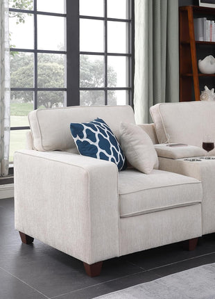 127" L-Shaped Sectional Sofa with Movable Ottoman, 6 Throw Pillows, and Integrated Features Including USB Port, Hidden Storage, and Cup Holders - Chenille Upholstered for Living Room and Apartment, Beige