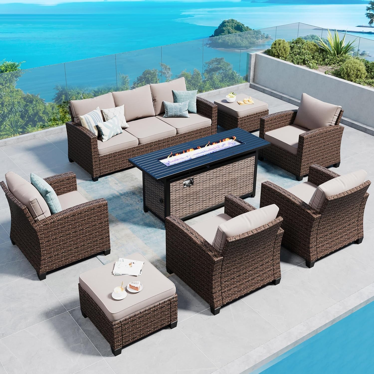 Patio Furniture Set Outdoor Furniture Brown Wicker Rattan Patio Conversation Sets with Cushion outside Sofa Set,7 Pieces with Rectangular Firepit Table,9 Seats,Beige