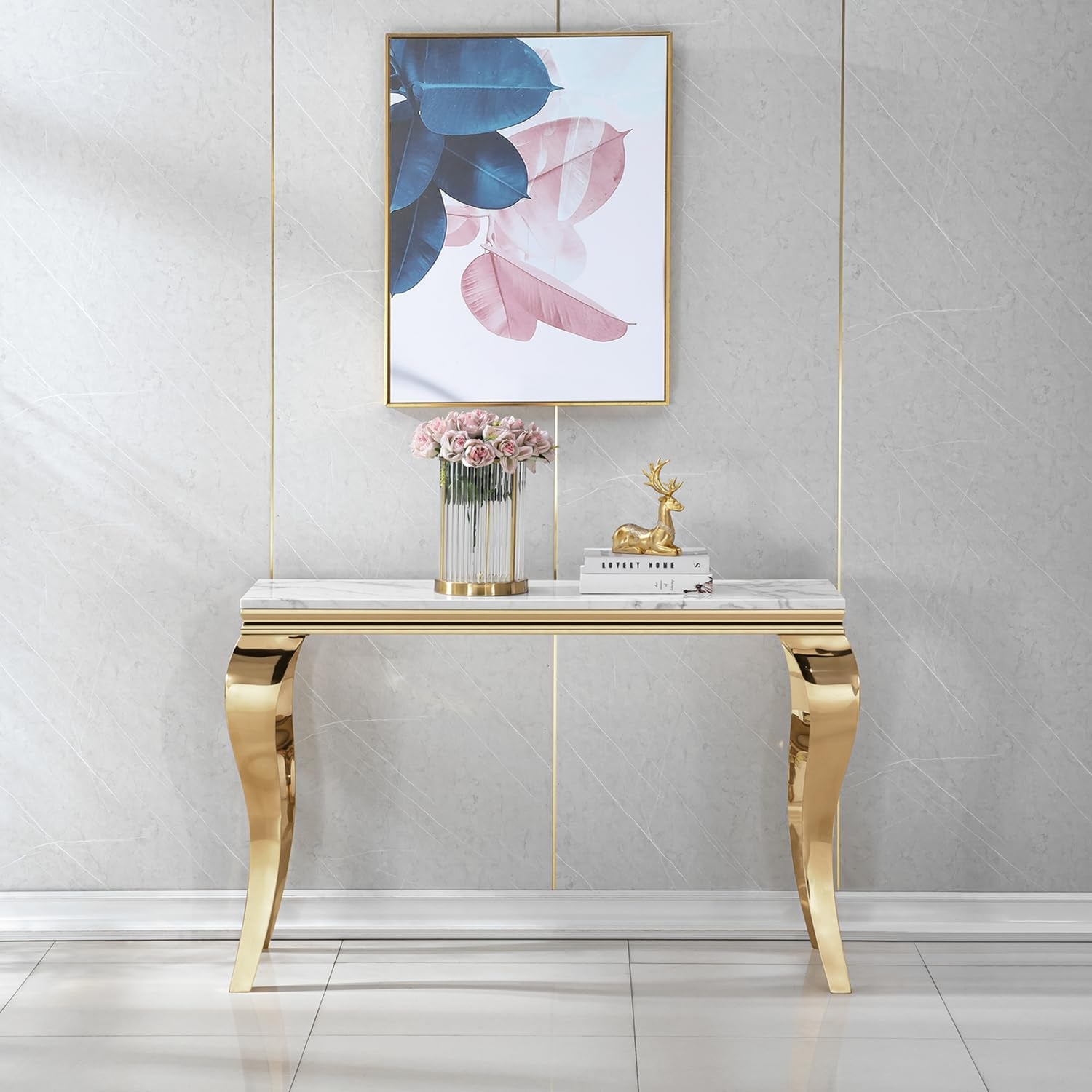47 Inch White Marble Console Table with Mirrored Stainless Steel Metal Legs, Faux Marble Tall Luxury Gold Entryway Table, Modern Sofa Table Narrow Console Tables for Hallway Living Room