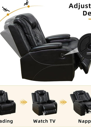 Power Recliner Sofa Set with LED Lighting, Air Leather Sectional, Wireless Charging, Cup Holders, and Storage Console for Home Theater, Black