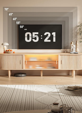 70-Inch Mid-Century Modern TV Stand with LED Lighting for TVs up to 75 Inches, Featuring Sliding Doors and Glass Shelf, Natural Oak Media Console for Living Room