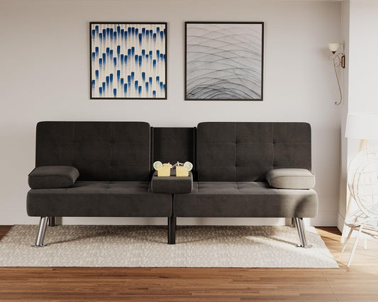 Futon Sofa Bed Modern Folding Futon Set Linen Fabric Convertible Recliner Lounge for Living Room with 2 Cup Holders, Removable Armrests (Fabric, Carbon Black)