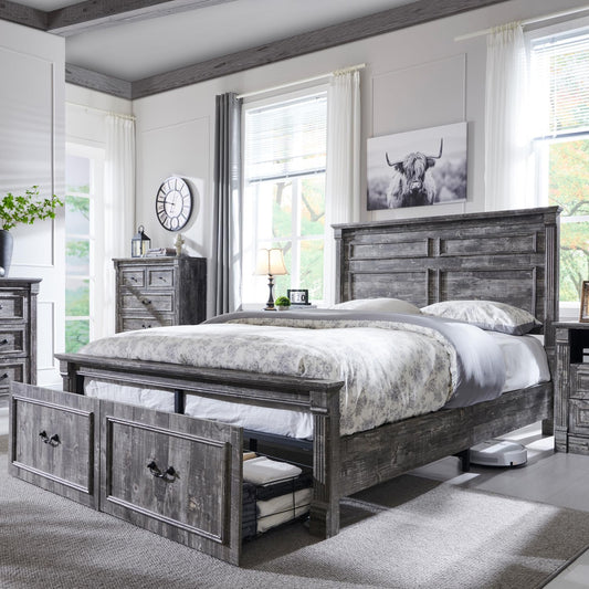 Farmhouse Queen Size Bed Frame with 51" Tall Headboard, Wood Platform Bed Frame with 20" Tall Roman Column Decoration Footboard & 2 Large Storage Drawers, No Box Spring Needed (Light Grey)