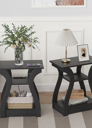 Black End Table Set of Two with Integrated Charging Station, USB Ports, and Outlets, 3-Tier Nightstand with Storage Shelf for Living Room and Bedroom