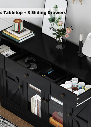55-Inch Farmhouse Coffee Bar Cabinet with Glass Doors, Four Doors, Three Drawers, and Adjustable Shelves for Kitchen and Dining Room, Black Finish
