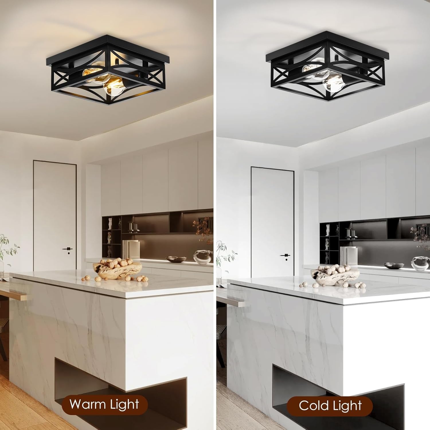 Ceiling Light, Farmhouse Flush Mount Ceiling Light, 2-Light Light Fixtures Ceiling Mount, Modern Square Black Light Fixture, Kitchen Lighting Fixtures Ceiling,Bedroom,Balcony