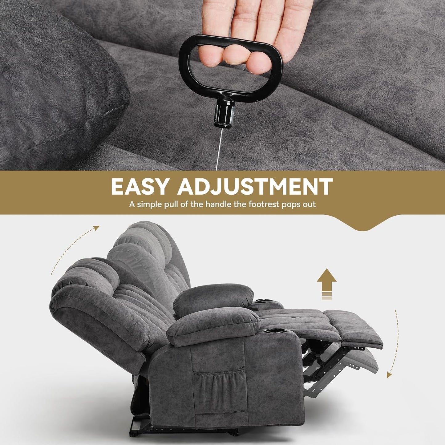 Manual Recliner Couch，Fabric Reclining Sofa Chair with Cup Holders, Upholstered Reclinerchair Set with Side Pockets Suitable for Living Room Furniture (2)