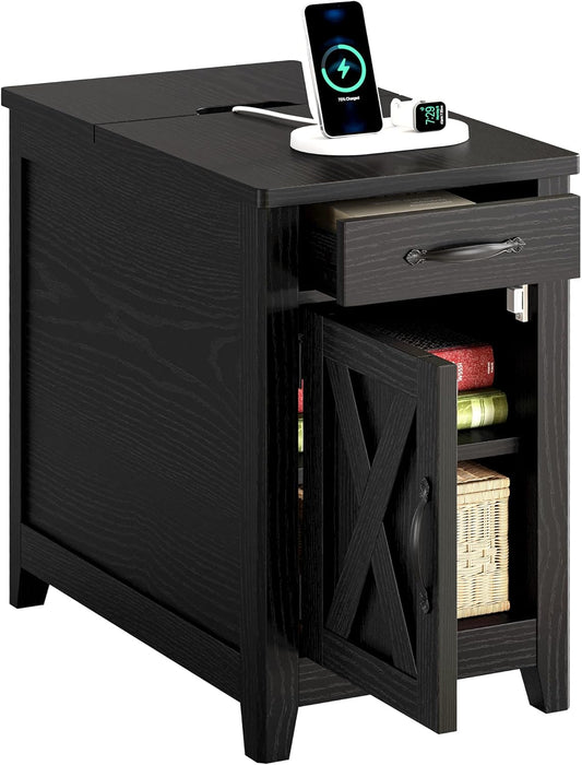 End Table with Charging Station, Narrow Side Table for Living Room, Farmhouse Night Stand for Bedroom, Bedside Table with Storage and Drawer for Home, Black