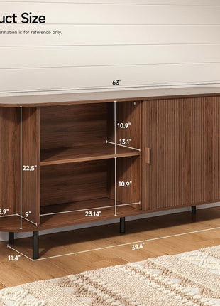 63-Inch Contemporary Sideboard Buffet Cabinet with Sliding Door and Adjustable Shelf, Elegant Storage Solution for Kitchen and Entryway in Walnut Finish