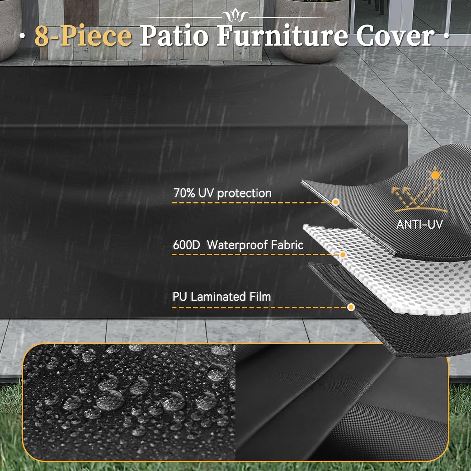 8 Piece Patio Furniture Set with 44” Fire Pit Table Wicker Rattan Outdoor Sectional Sofa Set with Coffee Table and Thickened Cushions, Beige (Waterproof Cover Included)