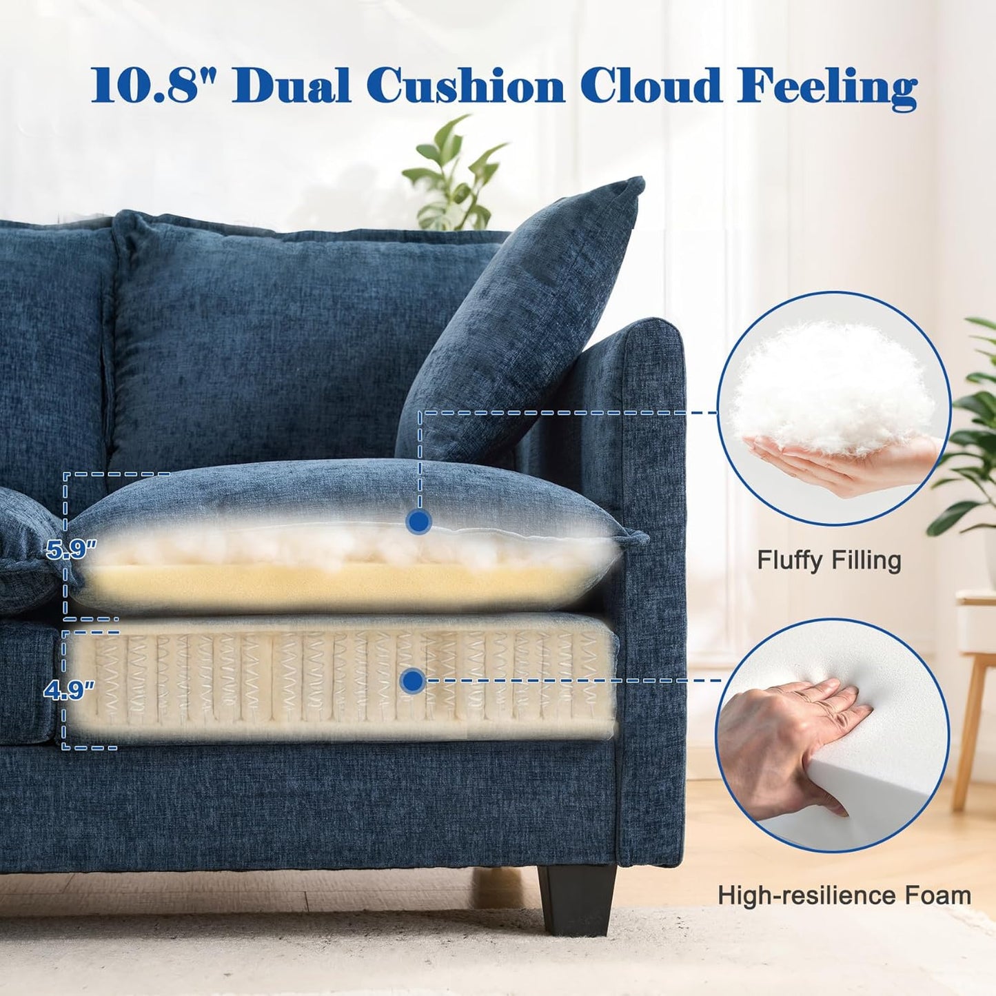 Loveseat Sofa Cloud Sofa Couch 50'', Modern Loveseats 2 Seat Couch 27" Deep Seat with 2 Pillows for Small Spaces Apartment Studio Office Bedroom Living Room 8834-BLUE