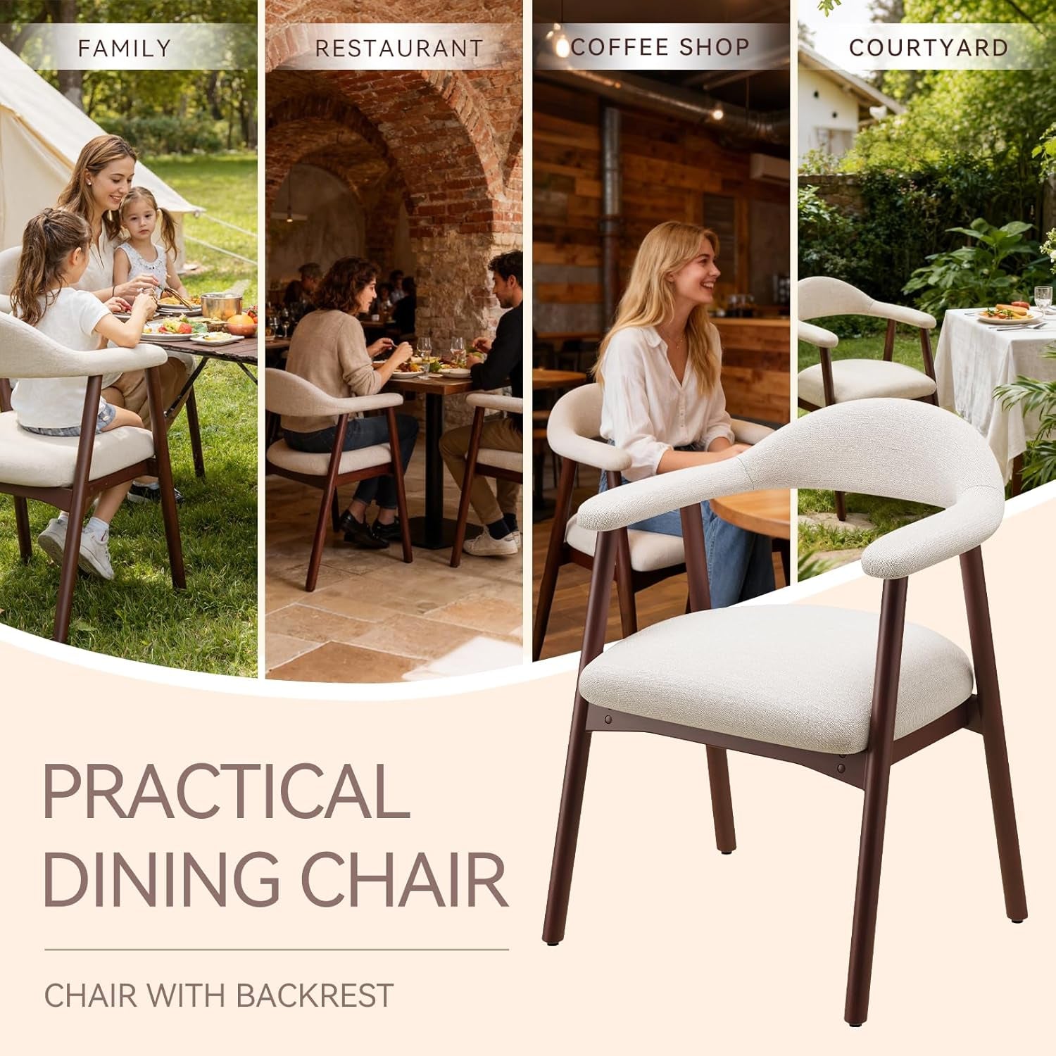 Wooden Dining Chair with Armrest Set of 4, Modern Fabric Upholstered Dining Room Chair with Curved Back and Wood Legs,Comfortable Accent Chairs for Kitchen Dining Room,Beige