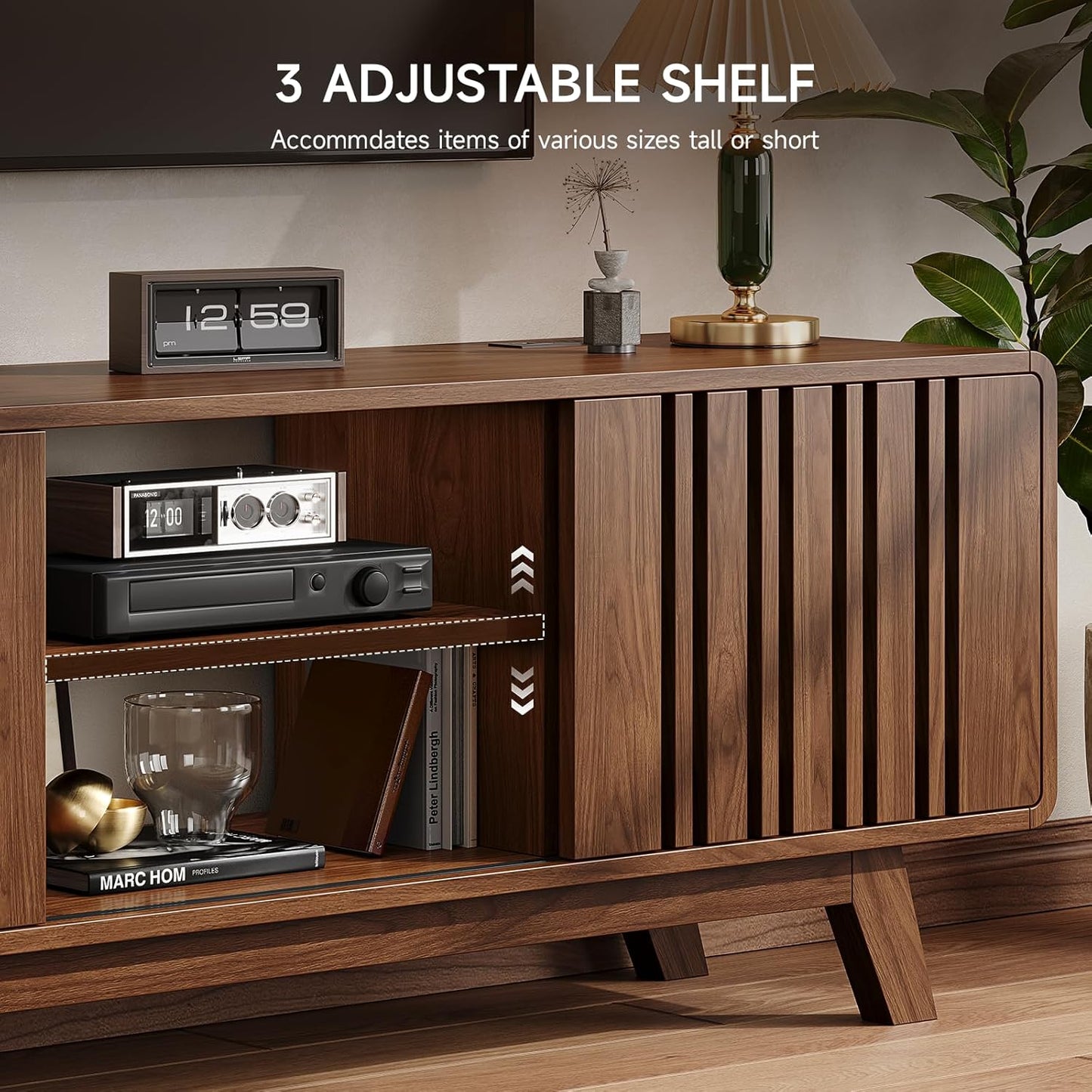 63-Inch TV Stand for Tvs up to 75 Inch, Mid-Century Modern Television Stand with Power Outlet, Entertainment Center with Sliding Grille Door Cabinets and Open Shelves for Living Room, Walnut