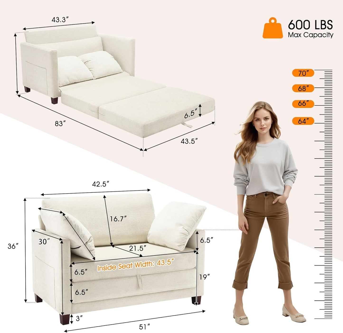 51" Loveseat Sleeper Sofa Bed, Chenille Convertible Floor Sofa Bed for Small Spaces, Folding Couch Bed with Deep Seat, 2 Pillows & Solid Frame, Pull Out Floor Couch for Living Room, Beige