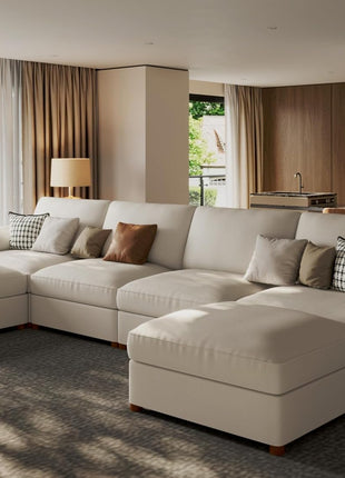 Oversized Modular Leather Sectional Sofa with Deep Seats - Extra Large U-Shaped Faux Leather Couch in Beige, Scratch Resistant and Modern Design