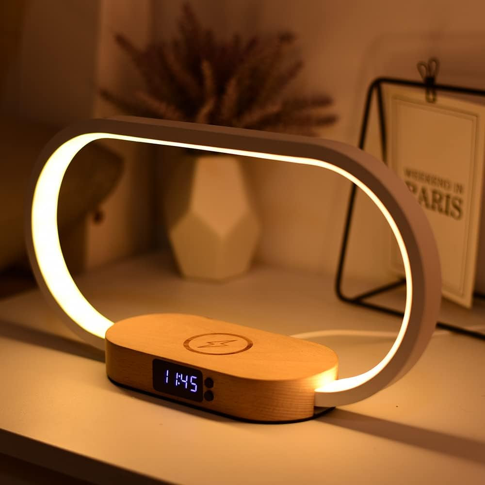 Wooden Bedside Lamp with 15W Fast Wireless Charger | Touch Control, 3 Color Modes, Clock & Stepless Dimming for Nightstand