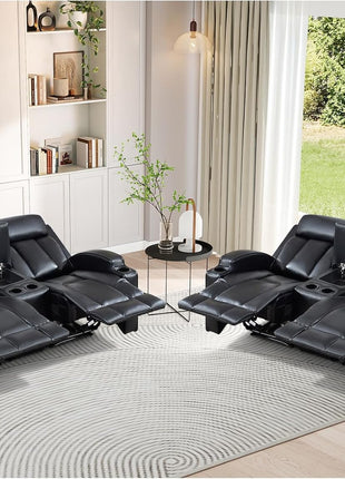 Premium PU Leather Manual Recliner Chair for Adults with Cup Holders and Padded Backrest, Overstuffed Heavy Duty Reclining Sofa for Living Room and Bedroom, Black