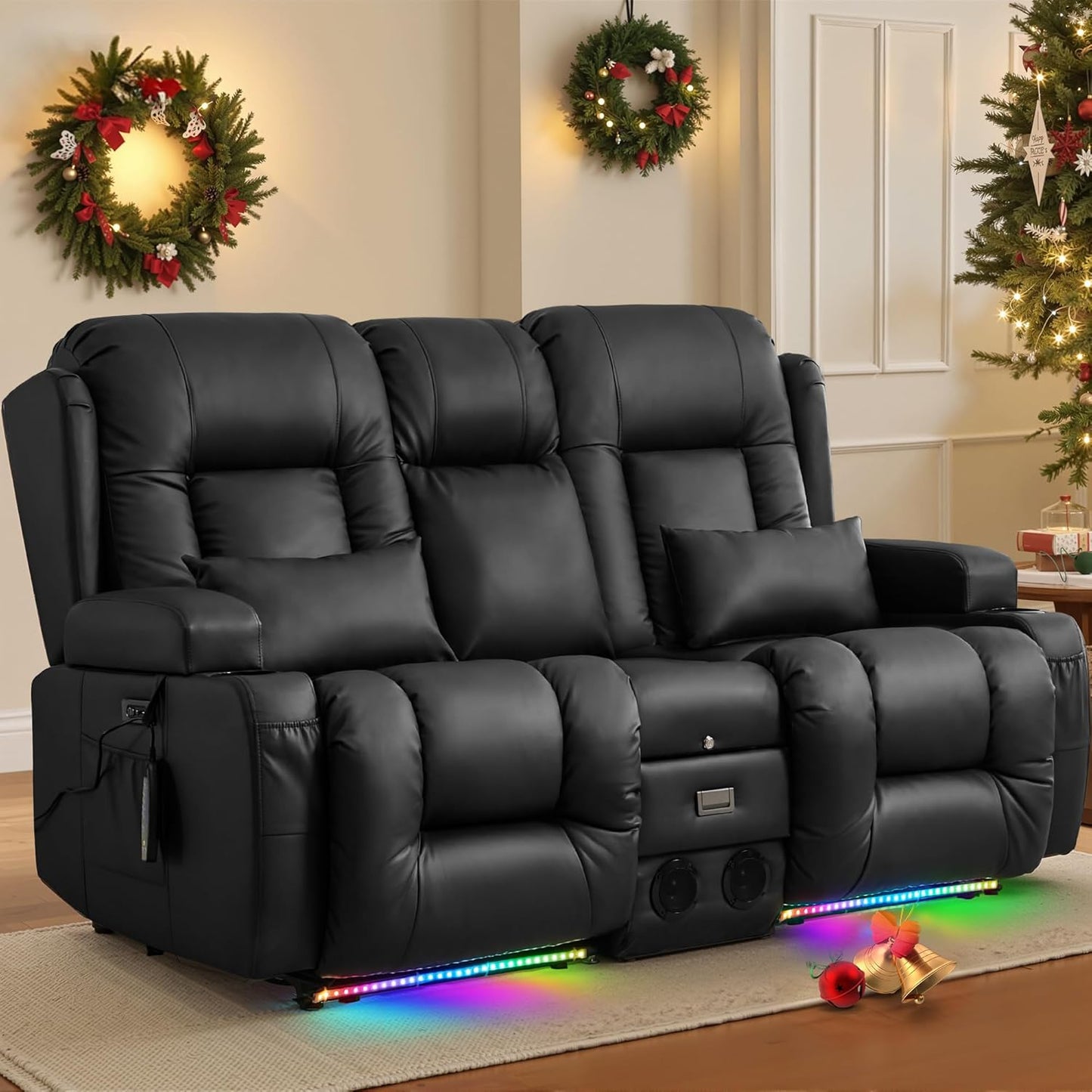 Power Loveseat Recliner Sofa with Massage & Heat Home Theater Seating with Console RV Recliner Loveseat Sofa with Usb/Outlet/Storage/Side Pocket/Led Light/Speaker (Black, Loveseat)