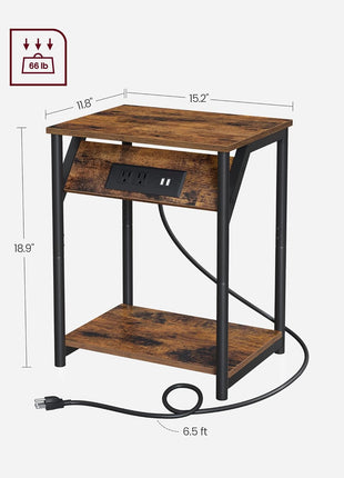 Set of 2 Rustic Brown and Black End Tables with Charging Station, Nightstands Featuring Outlets and USB Ports, Ideal for Living Room and Bedroom with Storage Shelf