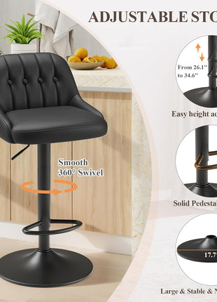 Set of 3 Contemporary Adjustable Swivel Bar Stools with Tufted Backrest, PU Leather Upholstery, Counter Height for Bar, Kitchen Island, and Dining Room, Black