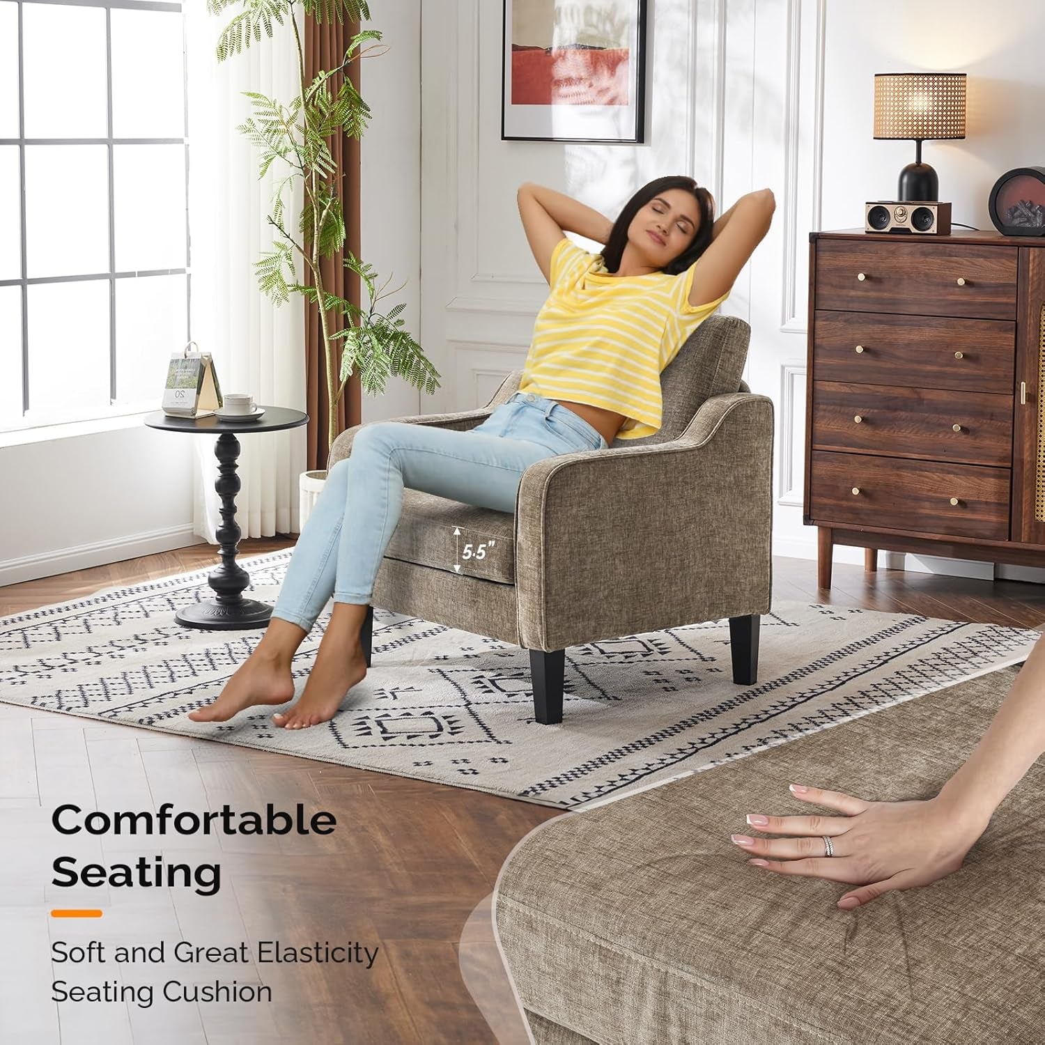 Accent Chair for Living Room Chairs Light Brown Reading Chair for Bedroom Scooped Arm Chair Mid Century Modern Accent Chairs Upholstered Comfy Chair for Apartment, Waiting Room