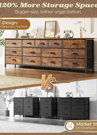 70-Inch Rustic Brown Dresser and Entertainment Center with 13 Fabric Drawers, Compatible with 65 to 80 Inch TVs