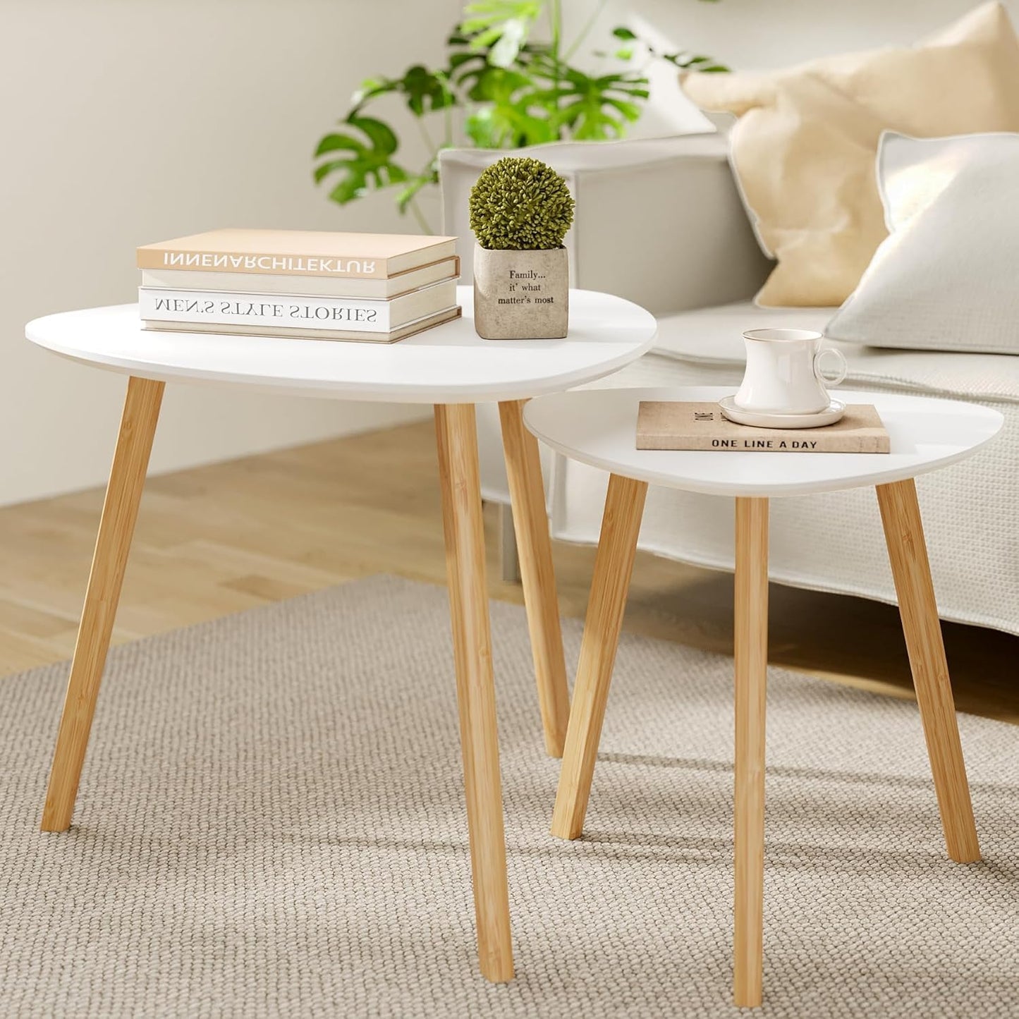 Bamboo Nesting Triangle End Table,Set of 2 Side Table Modern Minimalist Coffee Table for Living Room, Balcony in White