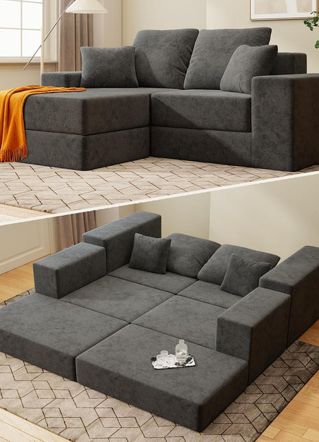 Cloud Modular Sectional Sofa - Contemporary L-Shaped Couch with Reversible Chaise, Customizable Sleeper Bed, Deep Seat and Non-Slip Design in Dark Grey, No Assembly Required