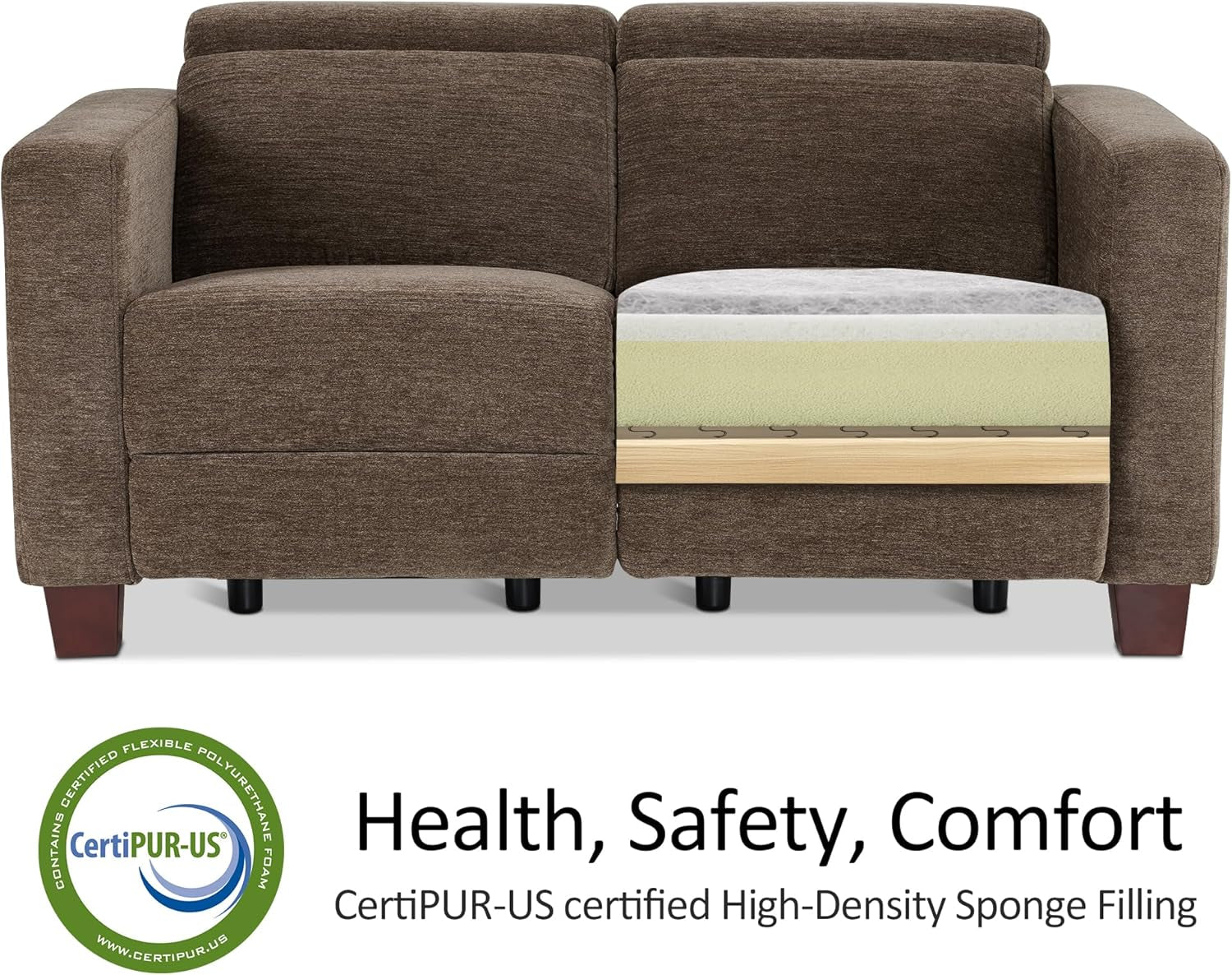 62.2'' Reclining Loveseat, Wall Hugger Power Loveseat Recliner Sofa with Adjustable Headrest, USB a & C Charge Ports, Wood Legs, for Living Room (Fabric Hl198M1)(Coffee)