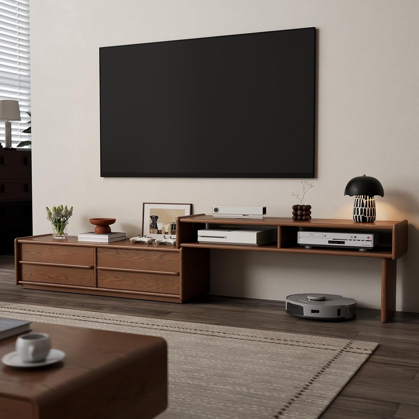 Solid Wood TV Stand for Tvs up to 65 Inch，Extendable Tv Stand with Storage and Shelf for Living Room, Bedroom, Offic