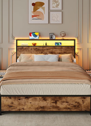 Queen Bed Frame with Headboard and 6 Drawers, Metal Platform Design with Charging Station, LED Lighting, and Two-Tier Shelf Storage - No Box Spring Required, Noise-Free, Rustic Brown Finish
