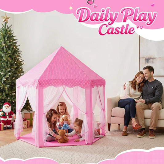 Princess Castle Play Tent for Girls Large Kids Play Tents Hexagon Playhouse with Star Lights Toys for Children Indoor Games (Pink)