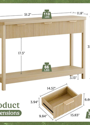 51-Inch Fluted Console Table with Three Wooden Drawers for Entryway, Living Room, Hallway, and Foyer