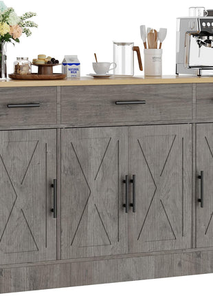 53.4" Farmhouse Buffet Cabinet with Storage, Featuring 3 Drawers and 4 Doors, Adjustable Shelf for Kitchen and Living Room, Gray Finish
