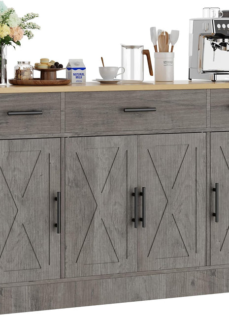 53.4" Farmhouse Buffet Cabinet with Storage, Featuring 3 Drawers and 4 Doors, Adjustable Shelf for Kitchen and Living Room, Gray Finish