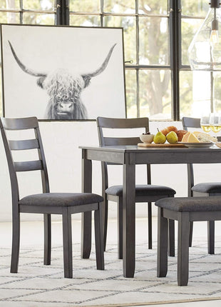 Bridson 6-Piece Dining Table Set by Signature Design by Ashley - Charcoal Gray Wood Table with Upholstered Chairs and Bench for Transitional Dining Spaces