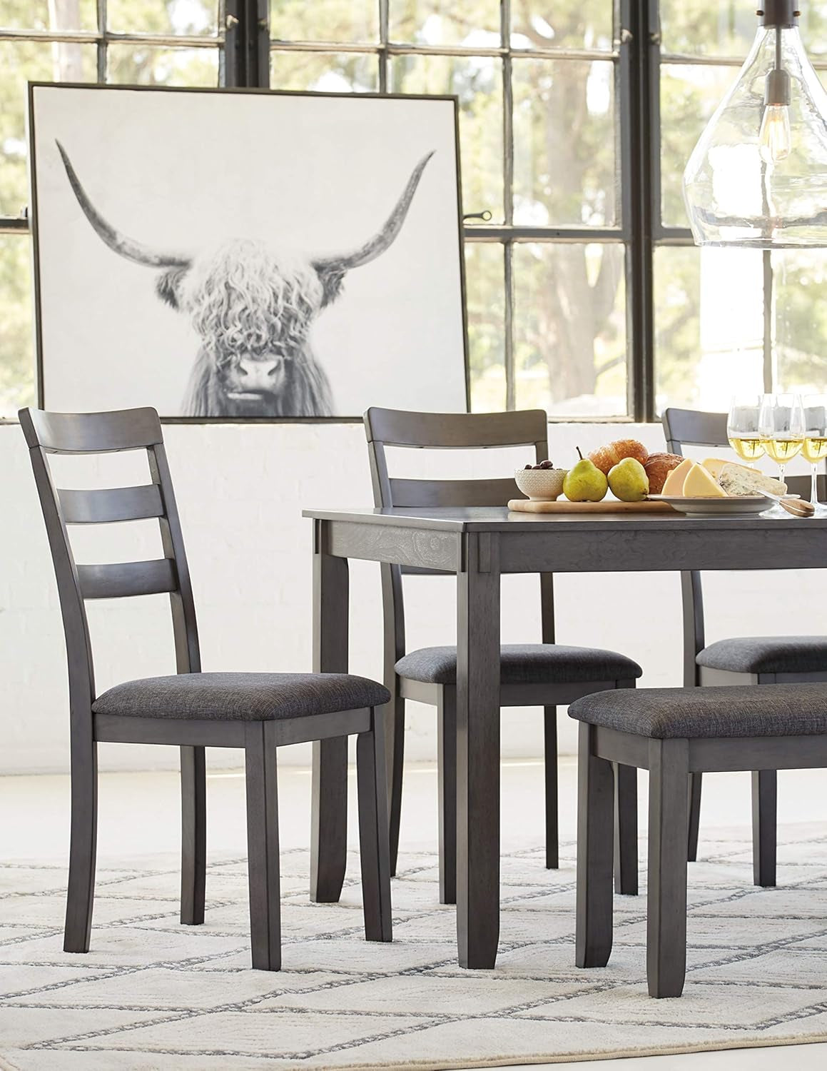 Bridson 6 Piece Dining Set, Includes Rectangular Dining Table, 4 Ladderback Chairs & Bench, Wood, 36" W X 60.13" D X 30" H, Gray