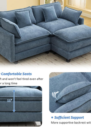 76-Inch Cloud Deep Seat Upholstered Chenille Modular Loveseat Sofa with Movable Ottoman, Modern 3-Seat Sectional Couch for Living Room and Small Apartments, Blue