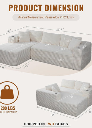 Elevate Your Living Space with Our Luxurious Boneless Modular Sectional Sofa - Memory Foam Comfort, Spacious L-Shaped Chaise, and Built-in Cup Holders in Elegant White Corduroy, No Assembly Required.