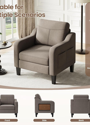 Contemporary Linen Upholstered Accent Chair with Foldable Table and Side Pockets for Living Room and Bedroom