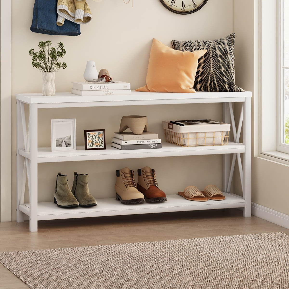 Console Table for Entryway, Long Sofa Table with 3 Tier Shelves, Modern White Hallway Tables for Living Room (55 Inch, White Oak)