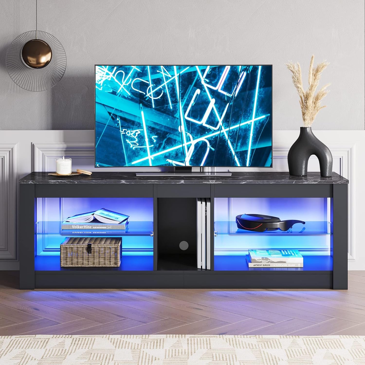 LED Gaming TV Stand for 55 Inch TV, Entertainment Center with Adjustable Glass Shelves, Modern TV Console for Living Room & Bedroom, Black Marble