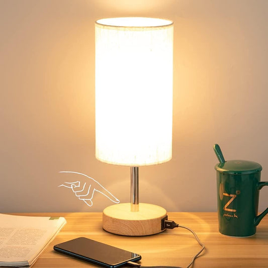 Bedside Table Lamp with USB Port - Touch Control for Bedroom Wood 3 Way Dimmable Nightstand Lamp with round Flaxen Fabric Shade for Living Room, Dorm, Home Office (LED Bulb Included)
