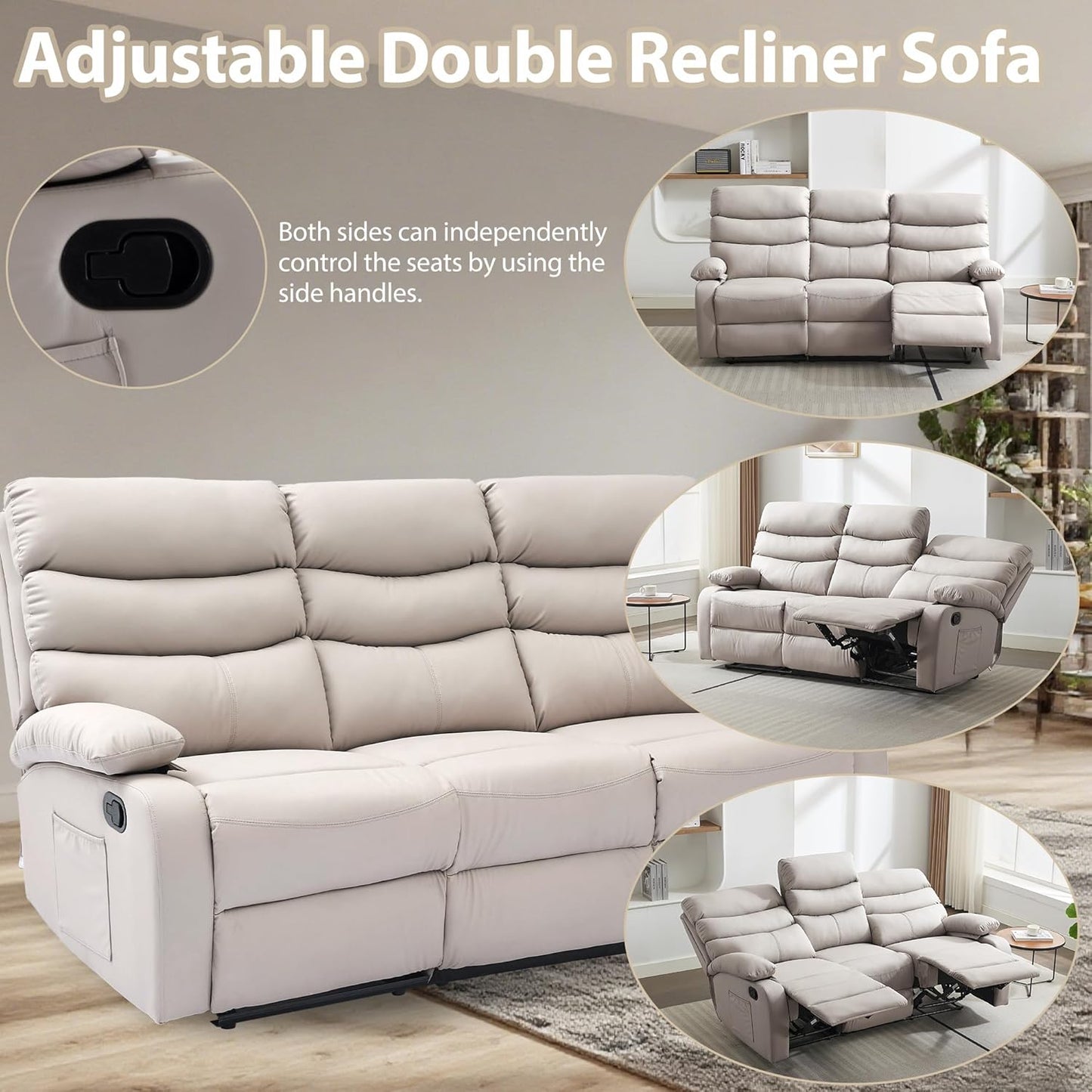 Manual 3 Seat Reclining Sofa Leather 3-Seater Manual Reclining Couch with Overstuffed Arms 3 Seater Couch Recliner Hidden Storage for for Living Room RV Home Theater Apartment Beige